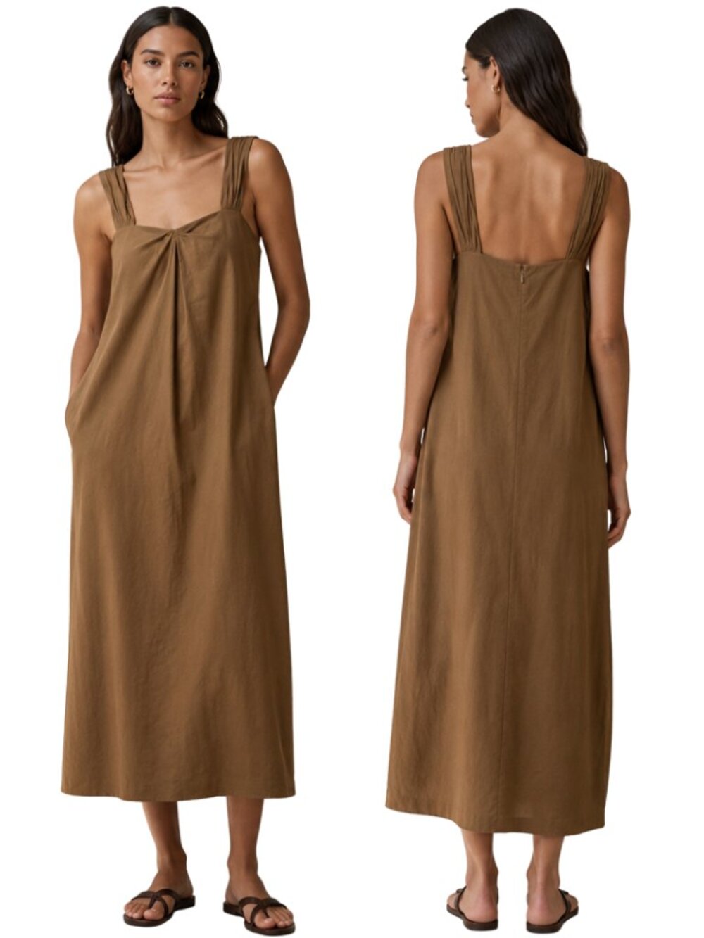 Vince Linen Square Neck A-Line Midi Dress Women's Large Brown Minimalist Chic - Picture 1 of 16
